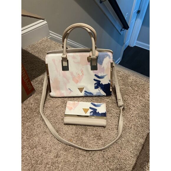 Guess Blush Pink Water color Brush Strokes Top Handle Crossbody Bag + Wallet - Picture 1 of 8